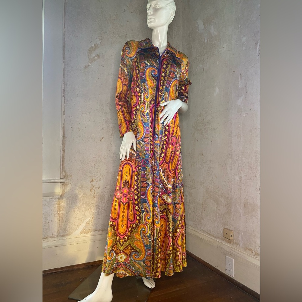 Multicolor Paisley Long Sleeve House Dress 1960s